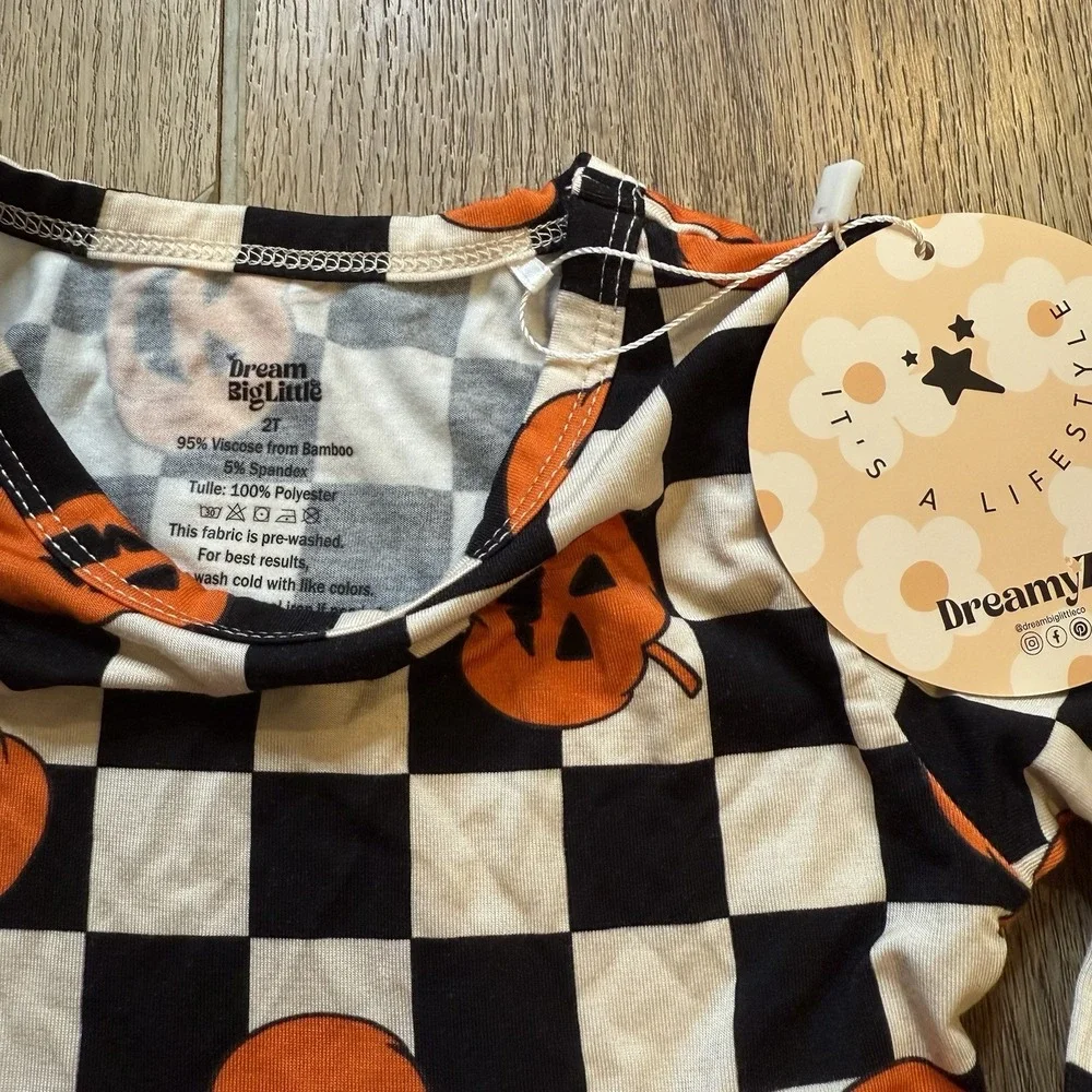 Dream Big Little Bamboo Halloween Pumpkin 2T Checkered Dress Orange Tutu Tulle